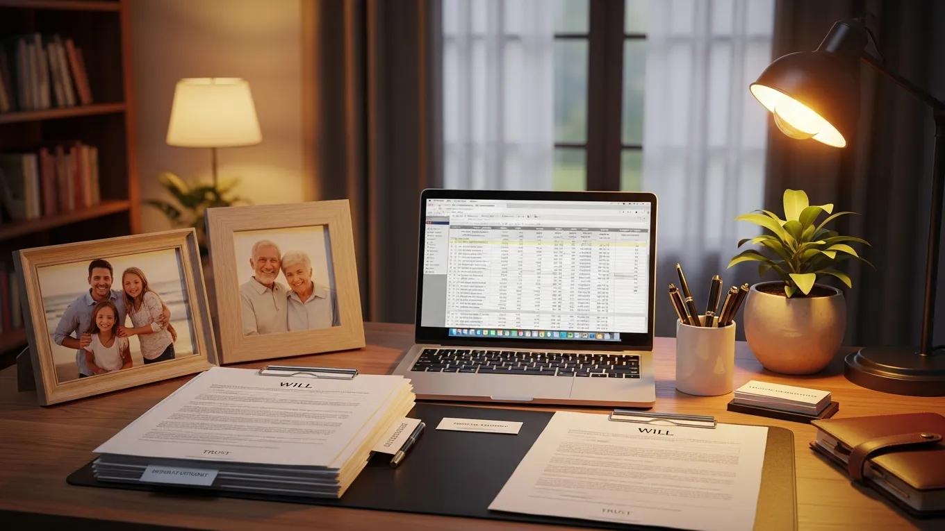 A workspace ready for estate planning with documents and personal touches