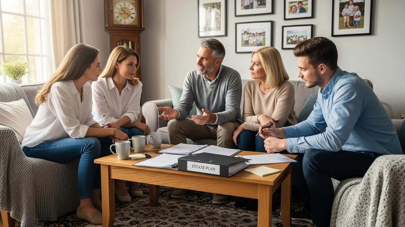 Family discussing estate planning in a cozy living room setting