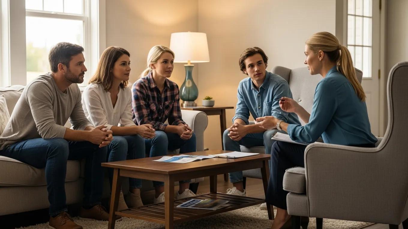 Family discussing estate planning options in a cozy living room