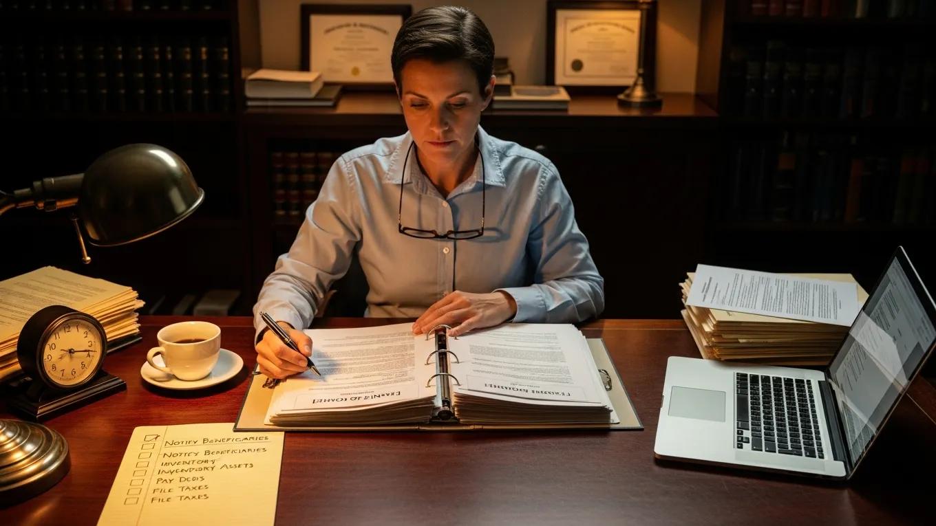 Individual managing estate documents and checklist, illustrating executor responsibilities