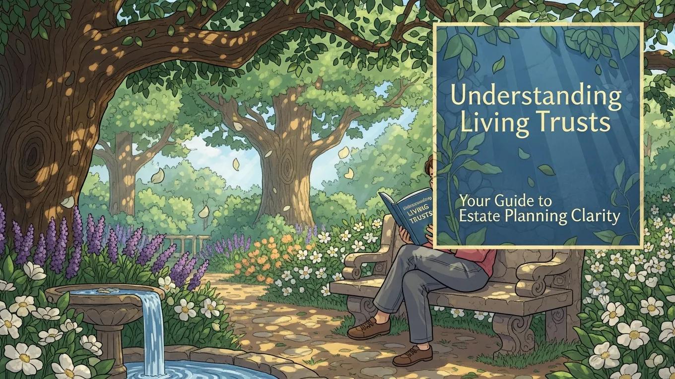 Individual reading about the benefits of a living trust in a serene garden
