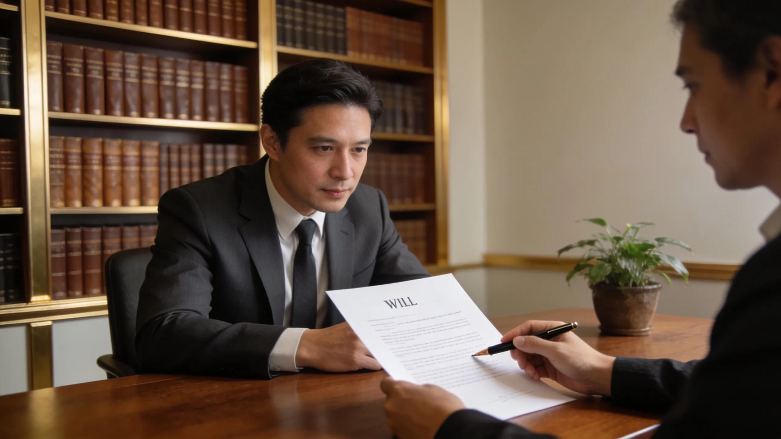 Legal professional reviewing a will document with a client in a professional office setting