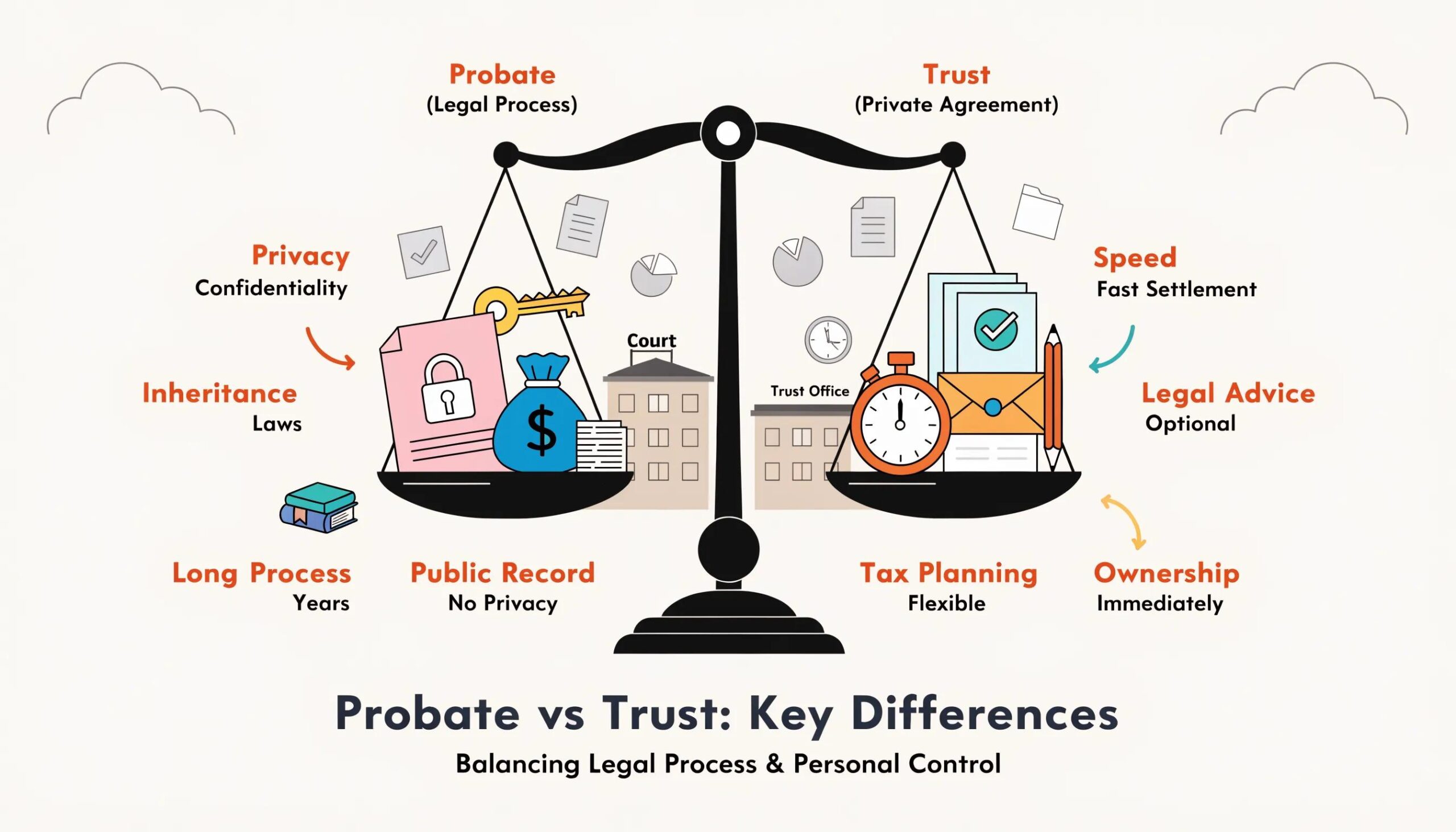 Balance scale highlighting benefits of probate vs. trust administration